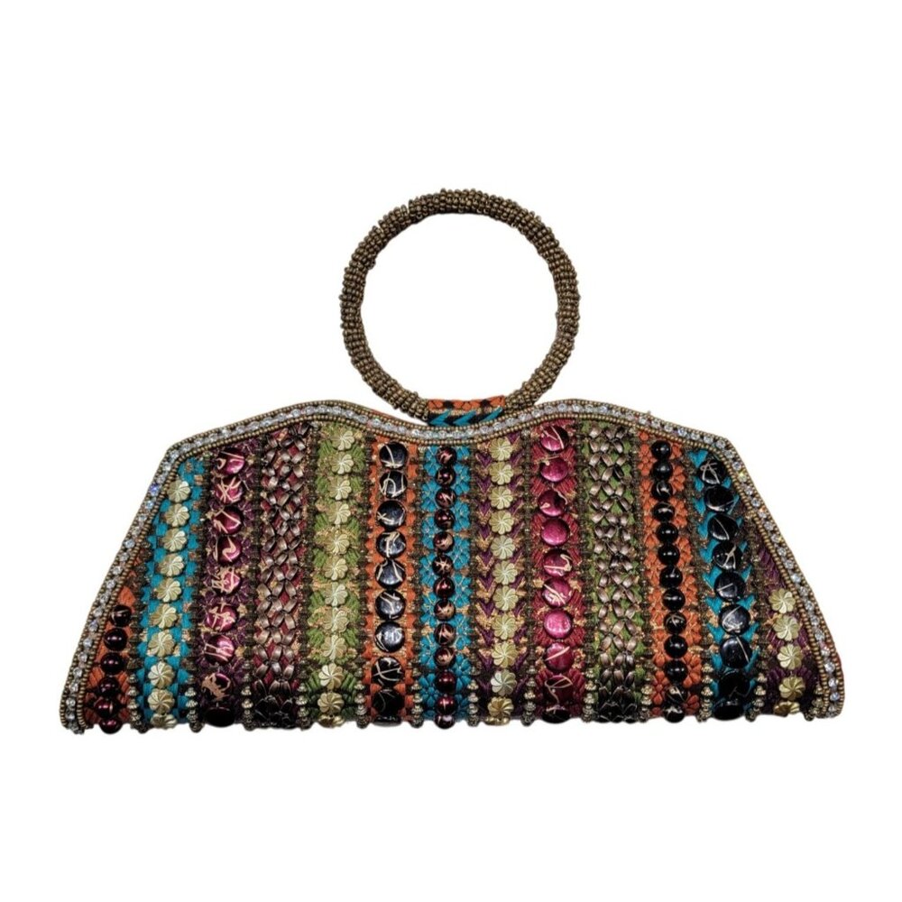Vintage Handcrafted Multicolor Beaded Handle Clutch Purse With Floral & Geometri - Picture 1 of 7